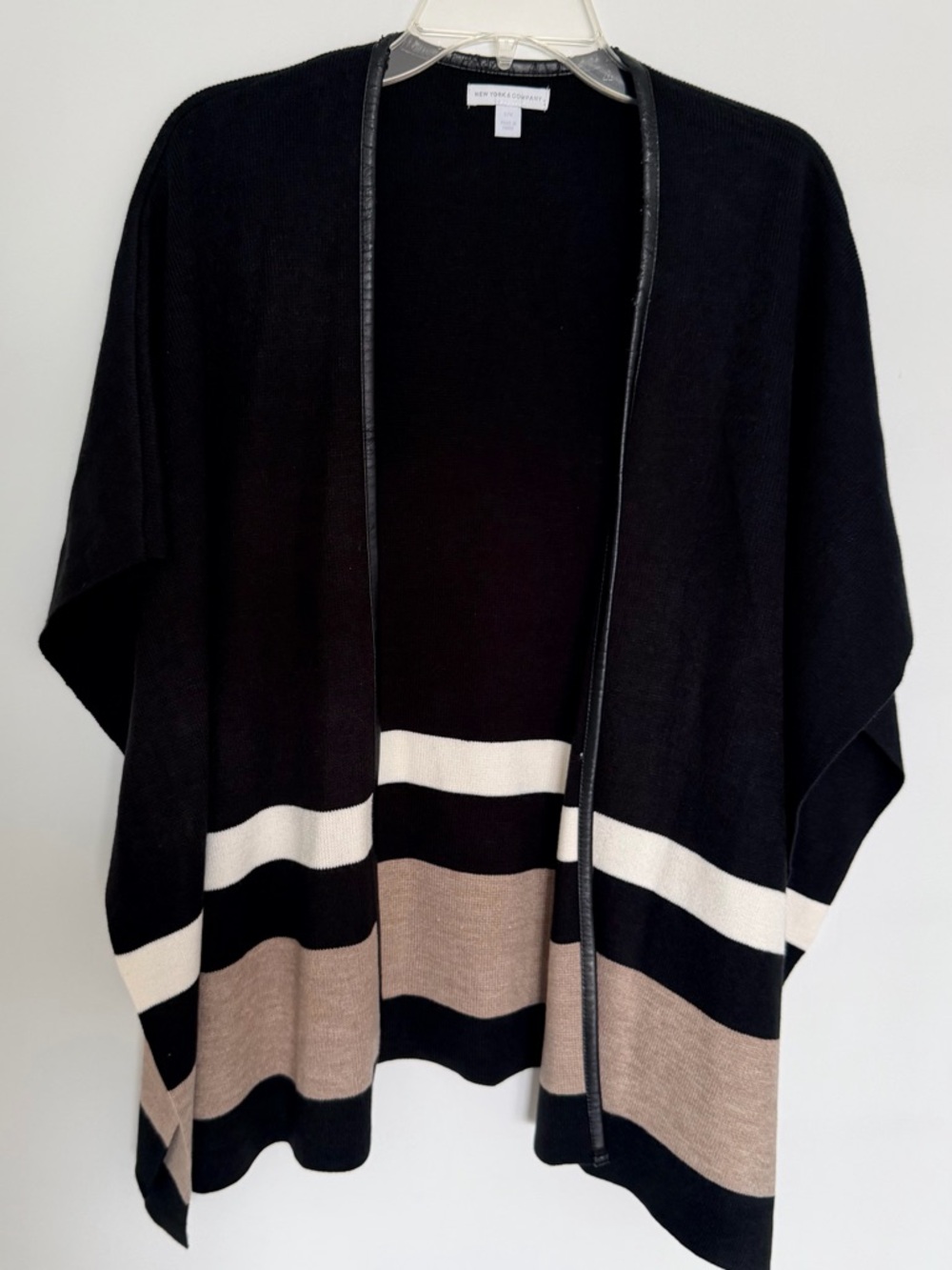 New York & Company Black Cream Taupe Striped Open-Front Varsity Cardigan